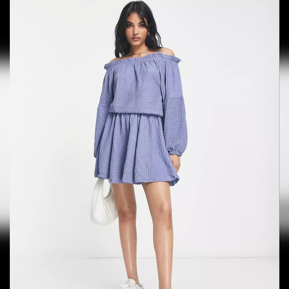 ASOS long sleeve off the shoulder mini dress in blue